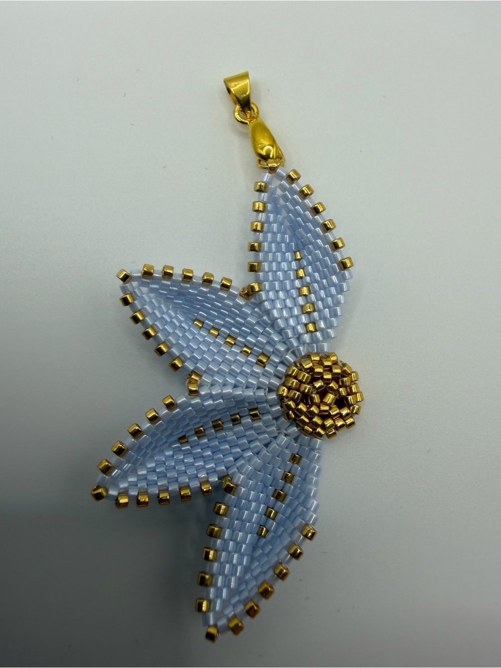 Handmade Light Blue and Gold Beaded Flower Pendant